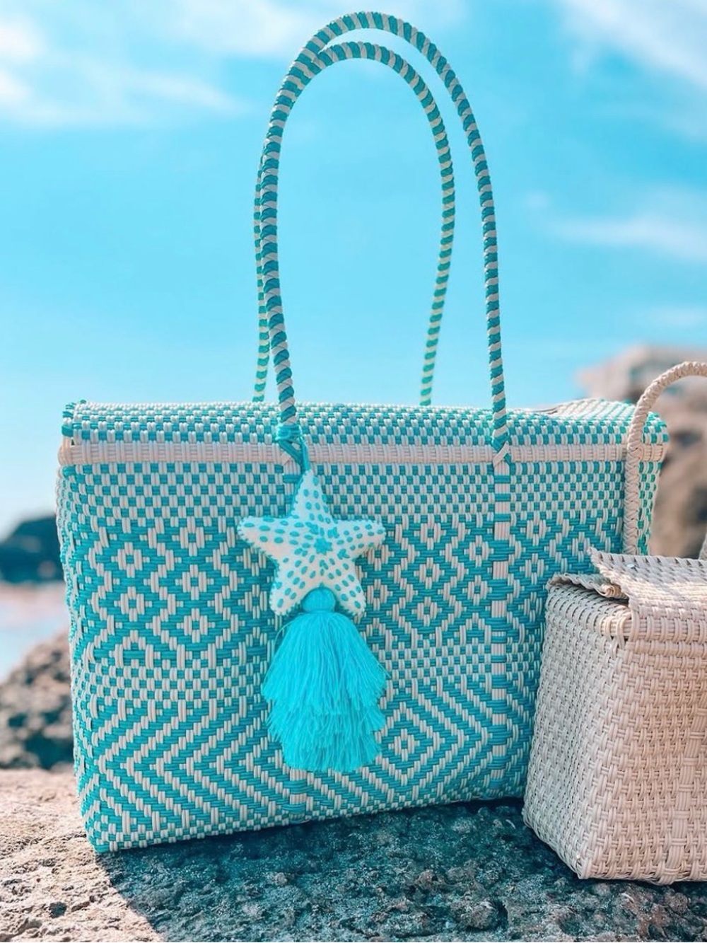 Large Handwoven Turquoise & White Tote Bag with Tassel Charm